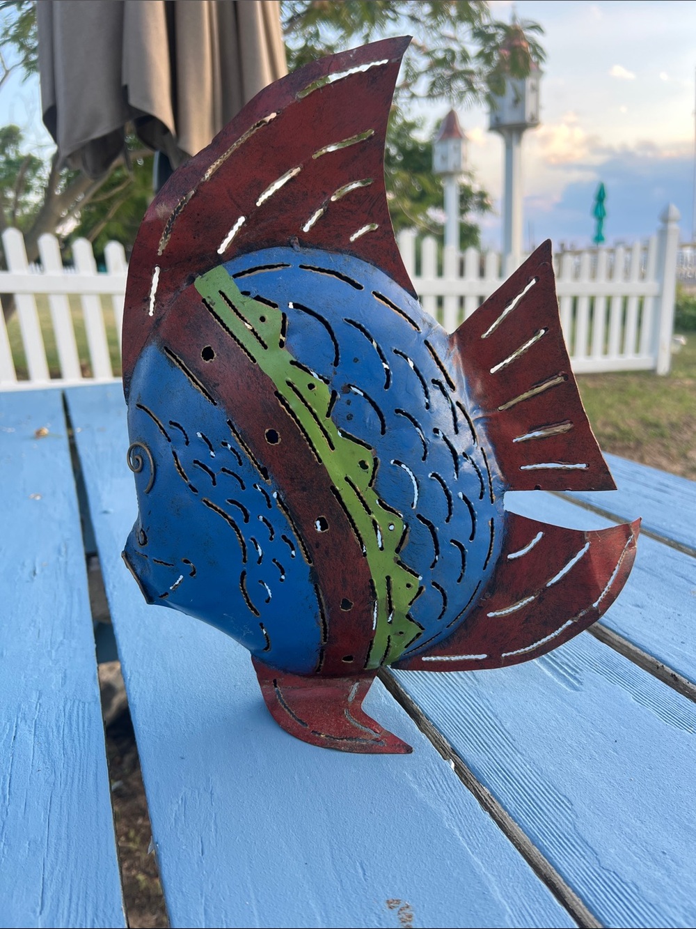 Decorative Blue and Brown Metal Fish Sculpture - Coastal Pet Fish Decor